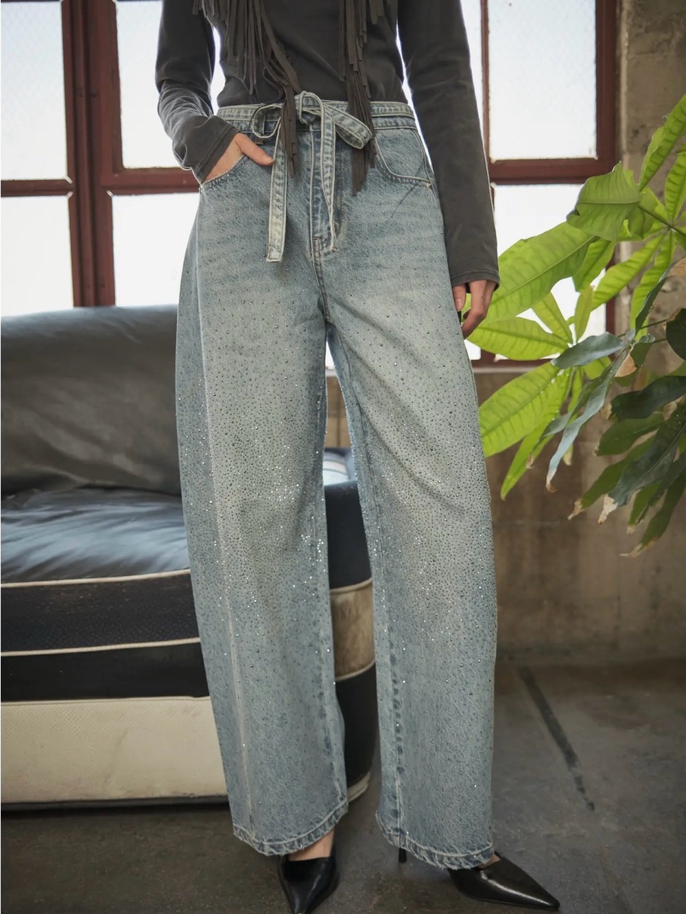 High-Rise Light Blue Wide-Leg Jeans with Tie Waist and Sparkle